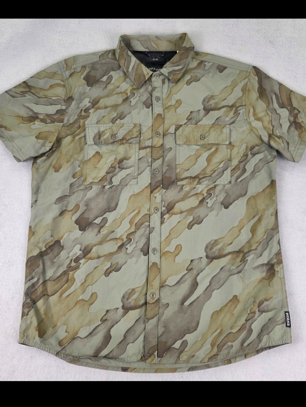 prAna Slim Sutherlin Shirt Men's Size Large Camo Green Vented EUC